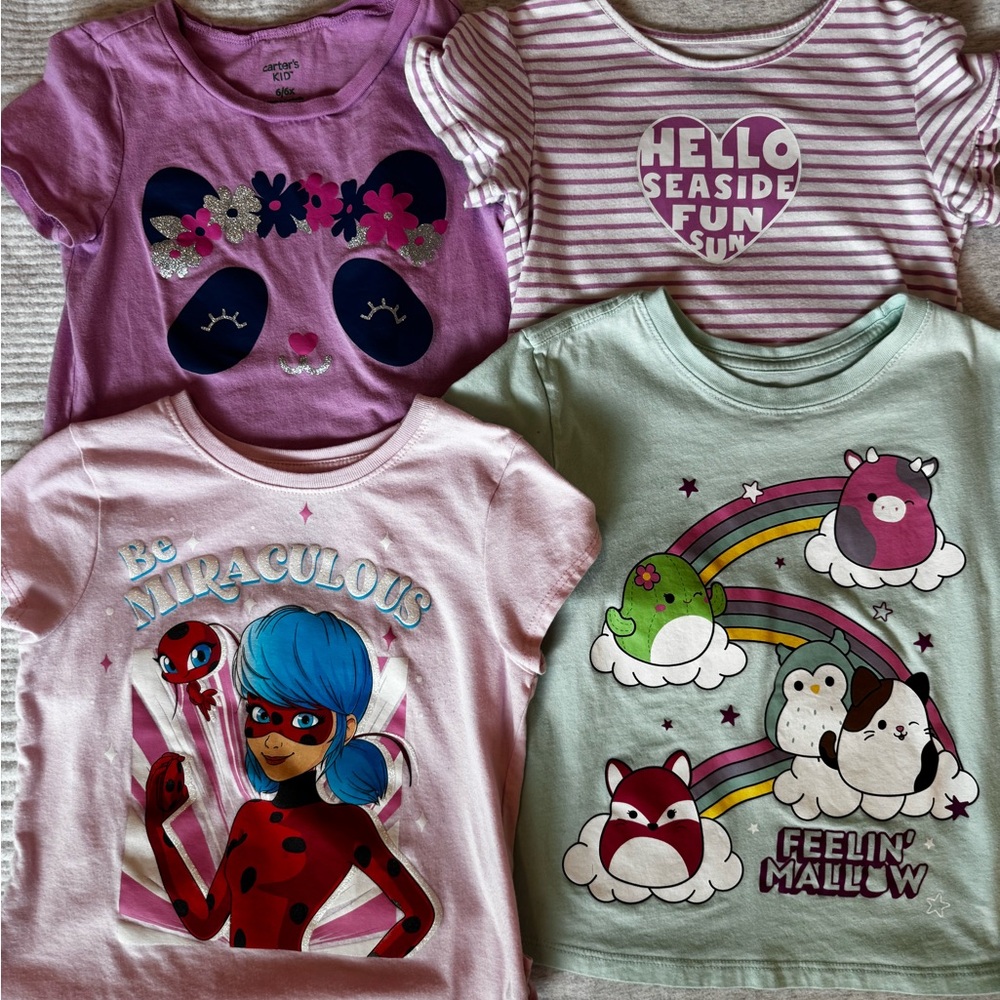 Girls Cartoon Graphic Tee Bundle - Pastel Pink, Lavender, Mint